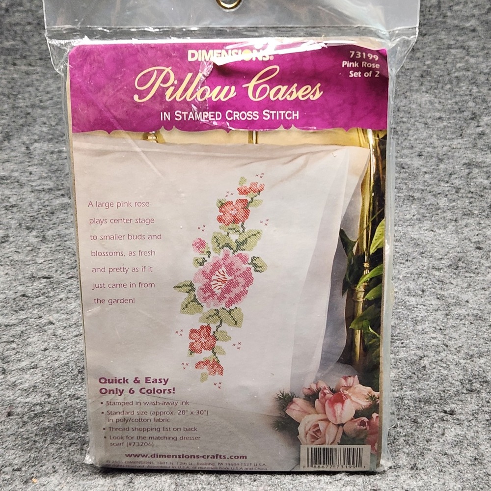 Dimensions Pillow Cases Stamped Cross Stitch Pink Rose Flower 73199 NOS 2006